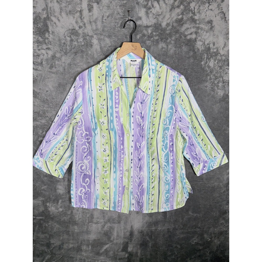 Alia Womens Petites Shirt 16P Multicolor Striped Pastel 3/4 Sleeve Button Up